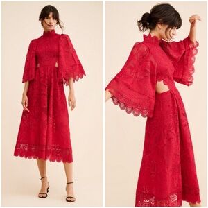 Farm Rio Guipire Cut Out Midi Dark Magenta Lace Dress
